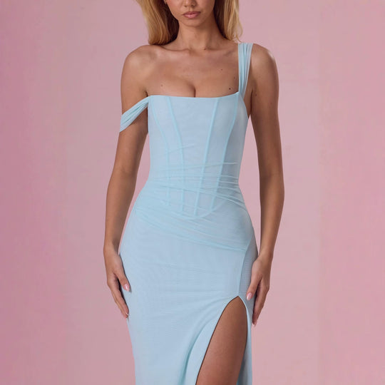 Damen Elegantes Maxikleid mit tiefem Schlitz und Rüschendetails R&B