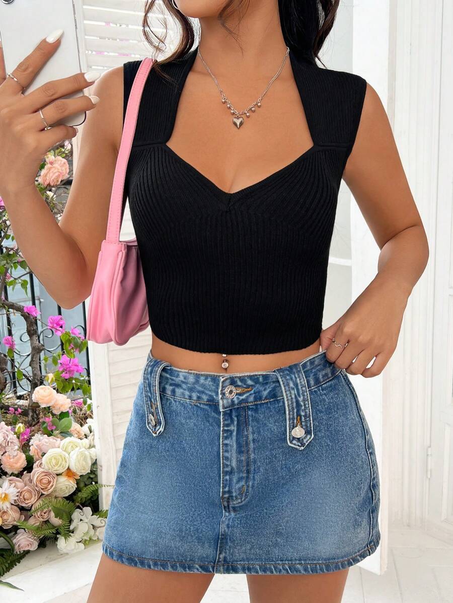 Damen figurbetontes Ripp-Crop-Top mit V-Ausschnitt und breiten Trägern R&B