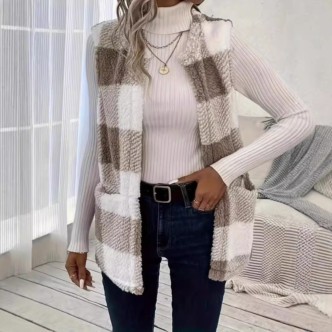 Damen Flauschige Weste mit Karomuster und Taschen R&B