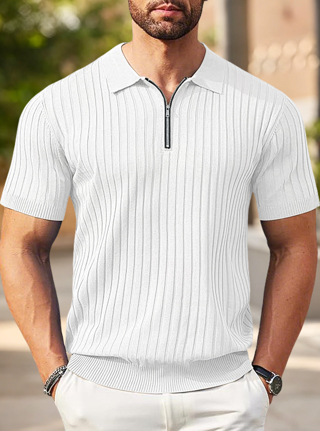 Herren nan elegantes strukturiertes Kurzarm-Strickpolo mit kurzem Metallreißverschluss und Hemdkragen R&B
