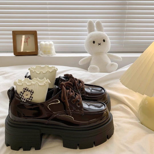 Damen Modische Plateau-Schnürschuhe mit glänzender Oberfläche und rutschfester Sohle R&B