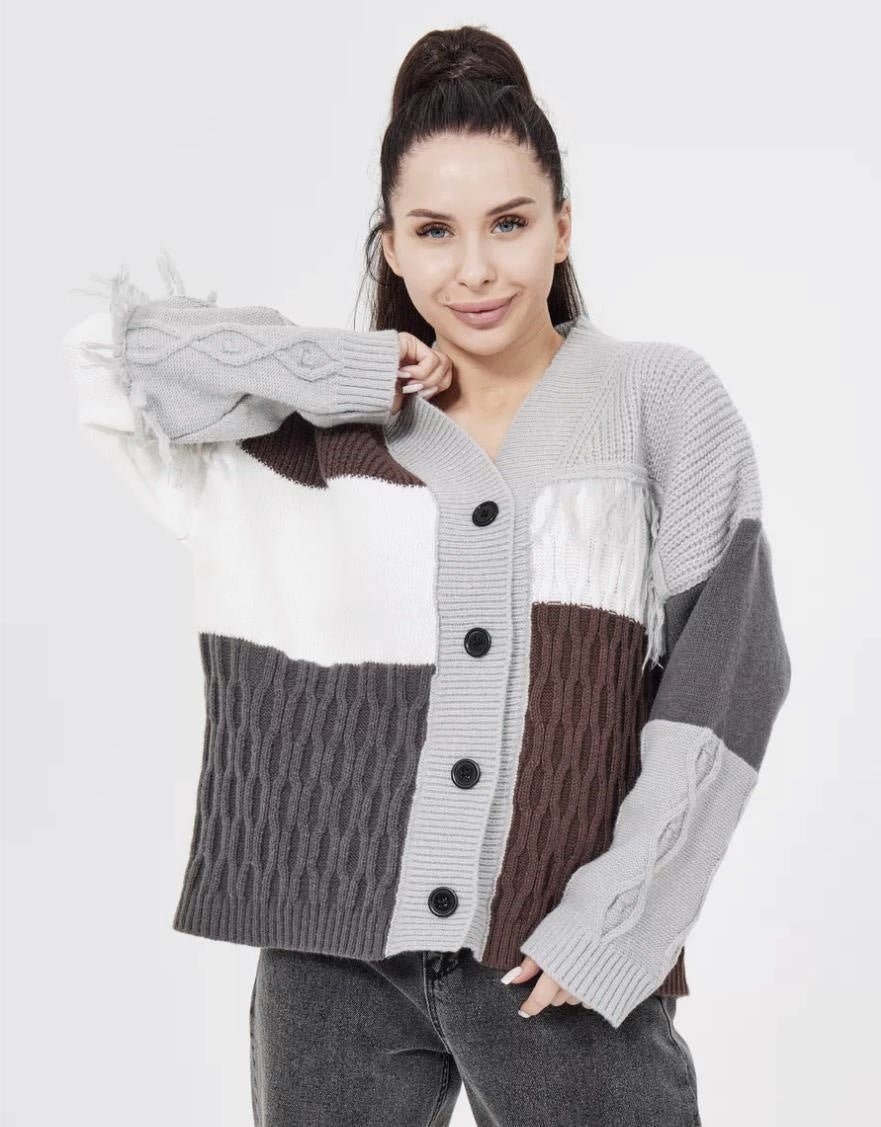 Damen Strickjacke mit modischem Blockstreifenmuster und klassischem Knopfverschluss R&B