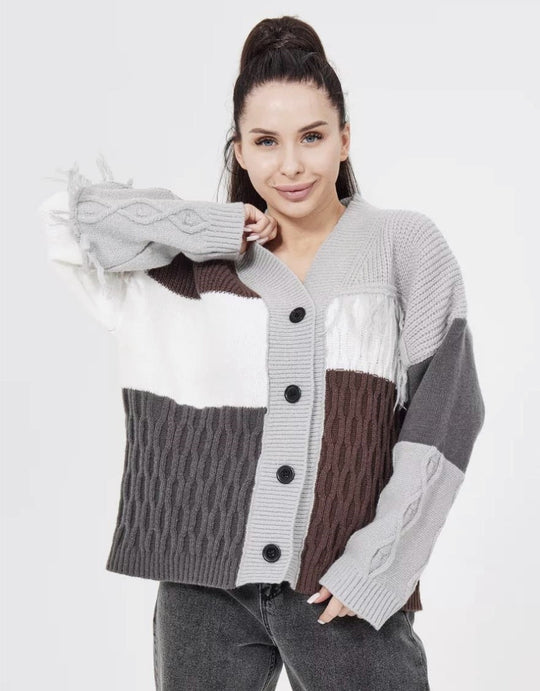 Damen grob gestrickter Cardigan mit modischem Farbblockdesign und Knopfleiste R&B