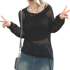 Damen luftiger Strickpullover mit feinem Netzmuster R&B