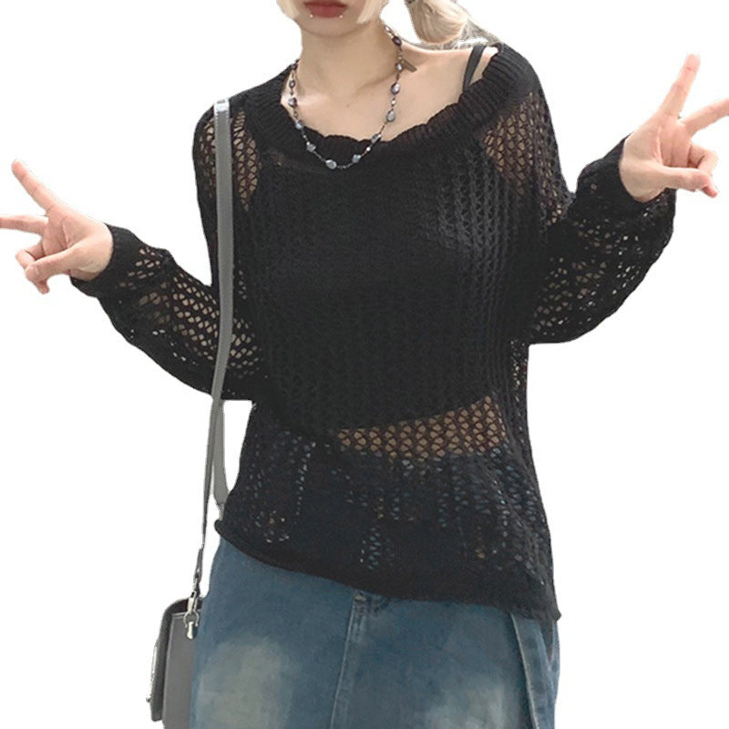 Damen luftiger Strickpullover mit feinem Netzmuster R&B
