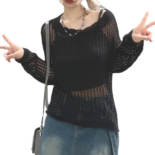 Damen luftiger Strickpullover mit feinem Netzmuster R&B