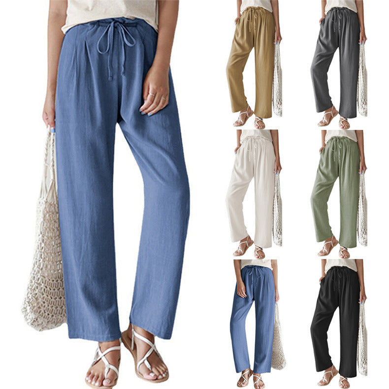 Damen nan lässige Leinenhose mit weitem Bein, elastischem Bund und Seitentaschen R&B