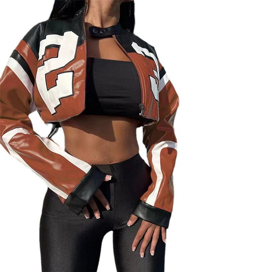 Damen cropped Kunstlederjacke im auffälligen Design R&B