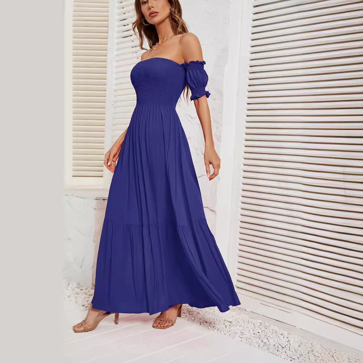 Damen Maxikleid mit schulterfreiem Schnitt und romantischen Puffärmeln R&B