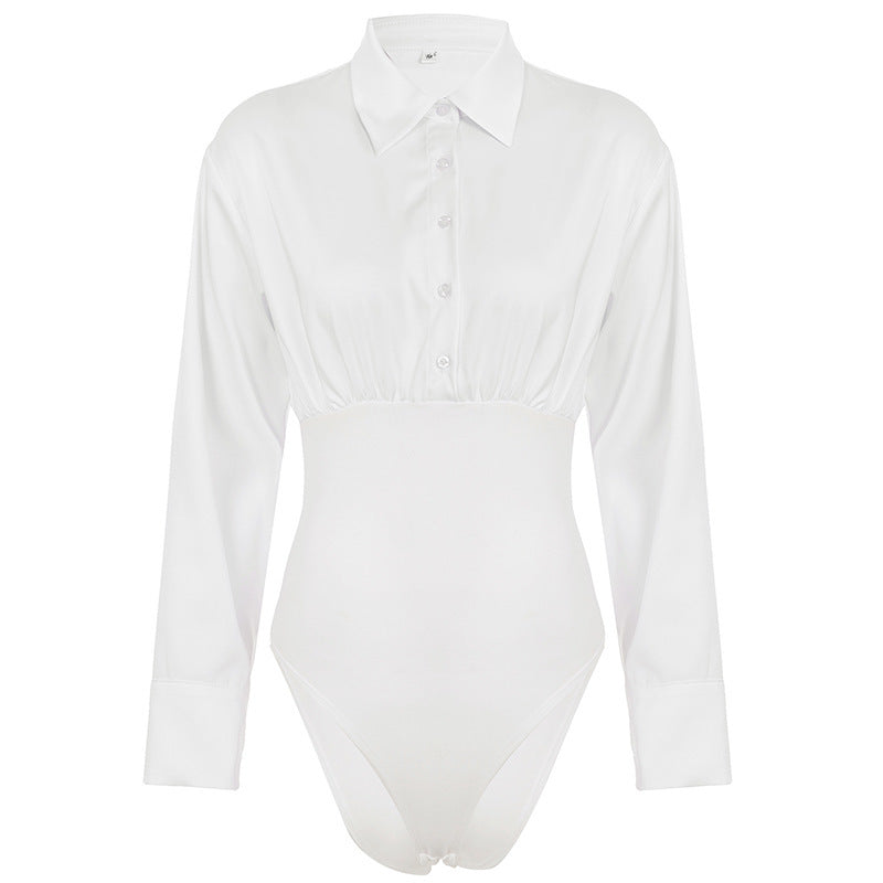 Damen eleganter Bodysuit mit feinem Kragen und Knopfdetails R&B