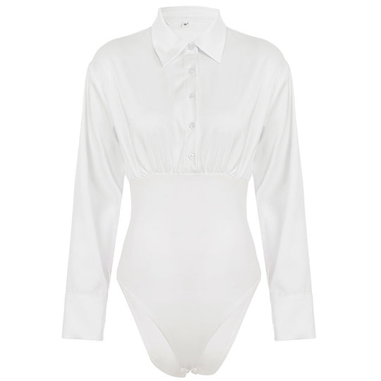 Damen eleganter Bodysuit mit feinem Kragen und Knopfdetails R&B
