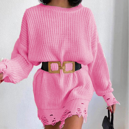 Damen Strickkleid mit asymmetrischem Saum und modischem Gürtel R&B