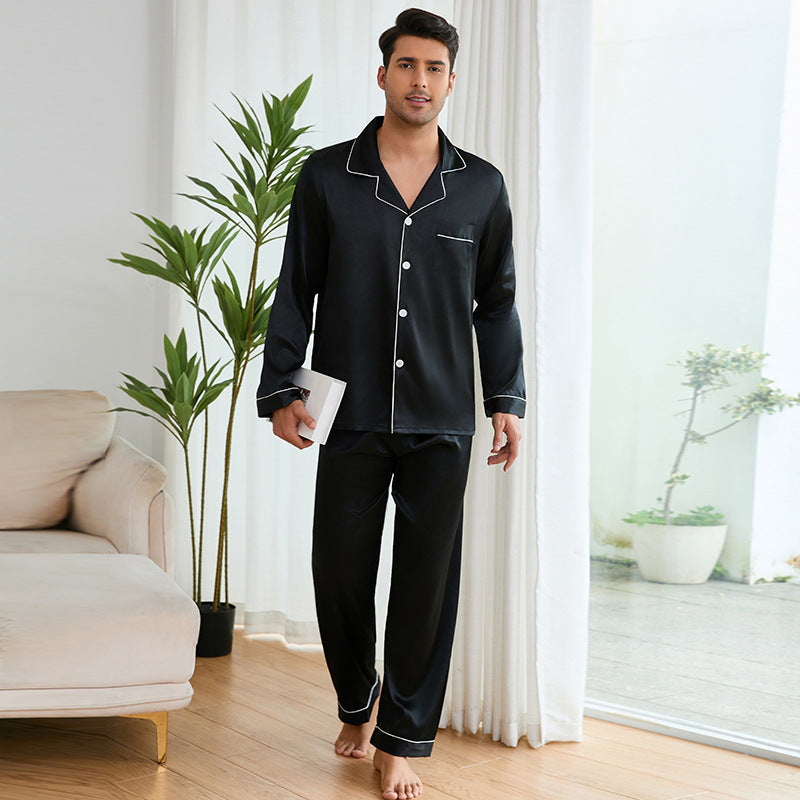 Herren Satin Schlafanzug-Set mit klassischem Kragen und eleganten Kontrastnähten R&B