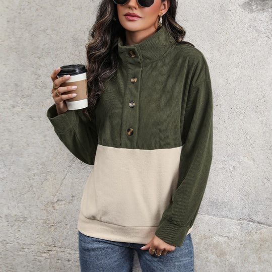 Damen gemütlicher Oversized Pullover mit Knopfleiste und farblich abgesetztem Design R&B