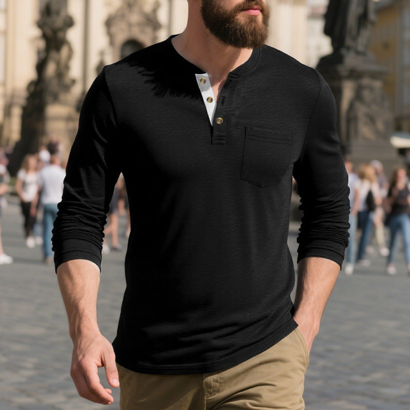 Herren Langarm-Henley-Shirt aus weichem Baumwollmix mit praktischer Brusttasche R&B