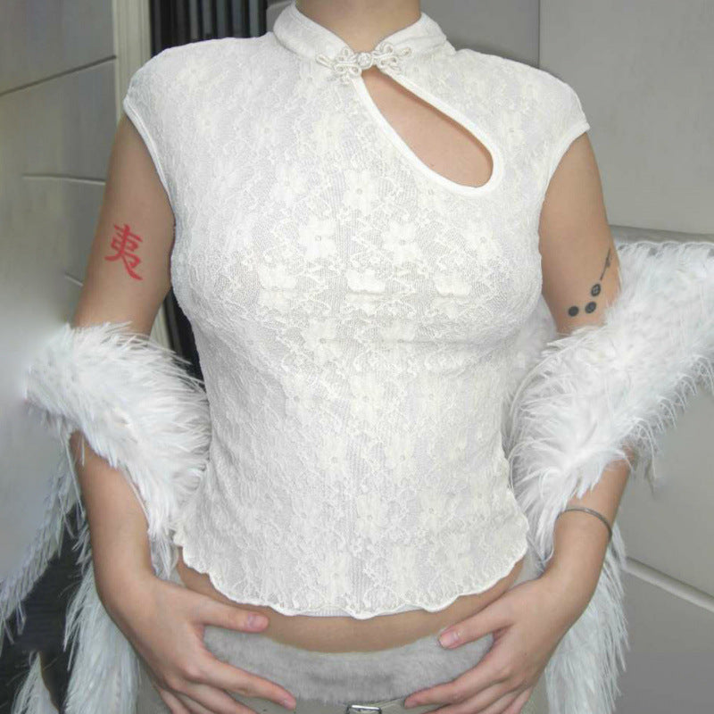 Damen Spitzenoberteil mit hochgeschlossenem Kragen und floralem Design R&B