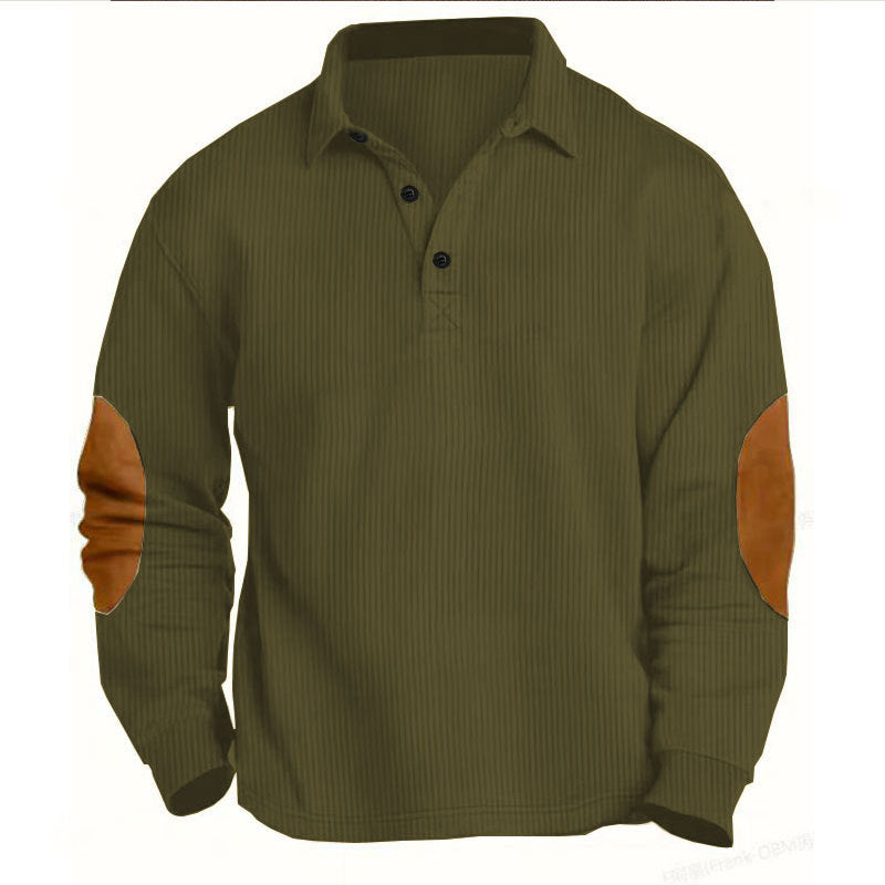 Herren nan legeres Langarm-Poloshirt mit Hemdkragen, kurzer Knopfleiste, feiner Struktur und Velours-Ellenbogenbesatz R&B