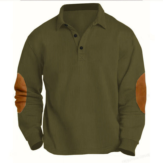 Herren nan legeres Langarm-Poloshirt mit Hemdkragen, kurzer Knopfleiste, feiner Struktur und Velours-Ellenbogenbesatz R&B