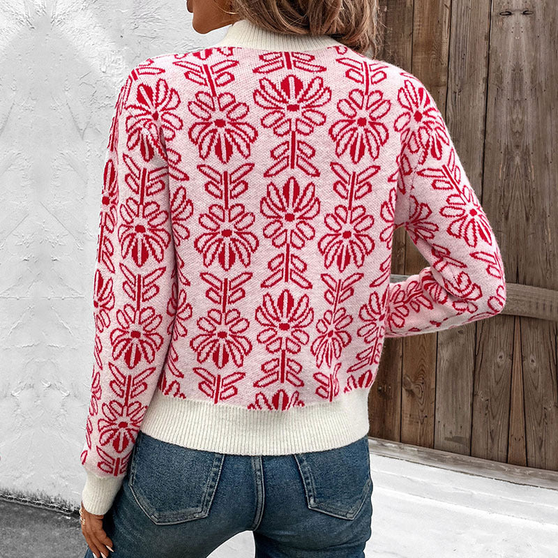 Damen Strickpullover mit floralen Mustern und elegantem Stehkragen R&B