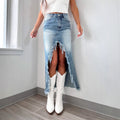 Damen Jeansrock mit fransigem Saum und hohem Schlitz R&B