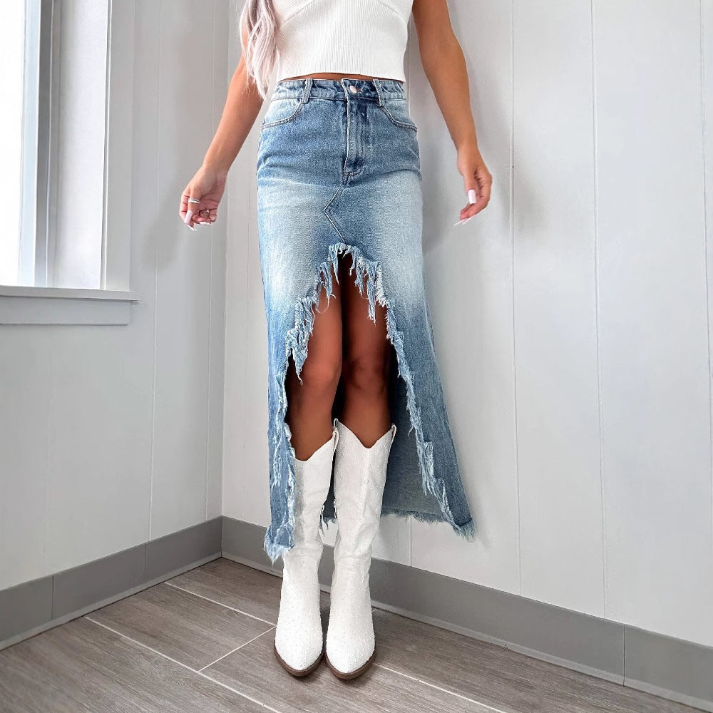 Damen Jeansrock mit fransigem Saum und hohem Schlitz R&B