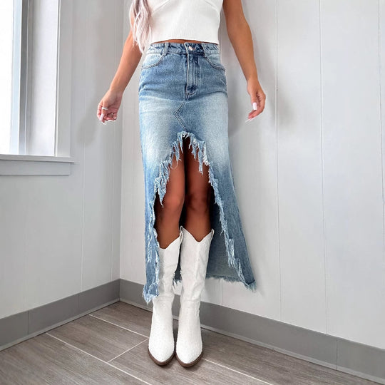 Damen Jeansrock mit fransigem Saum und hohem Schlitz R&B