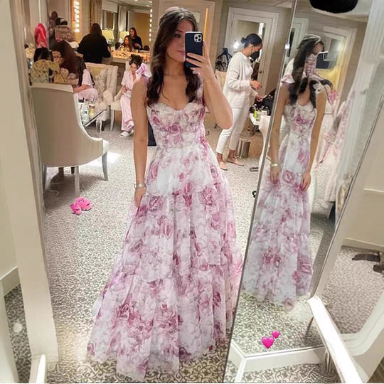 Damen Elegantes Maxikleid mit floralen Details und Rüschenträgern R&B