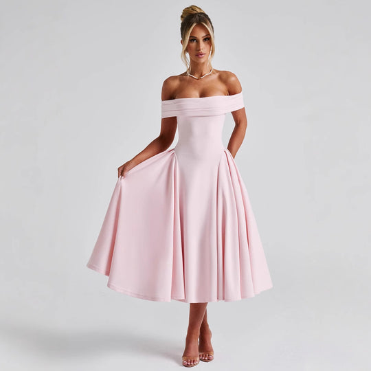 Damen Cocktailkleid mit schulterfreiem Design und voluminösem Rock R&B