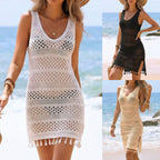 Damen gehäkeltes Strandkleid mit seitlichem Schlitz und fransigem Saum R&B