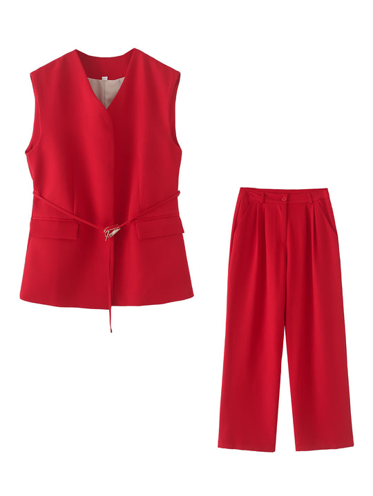 Damen elegantes Blazer- und Hosen-Ensemble mit modernem Gürtel R&B
