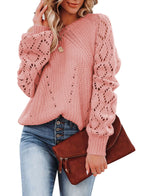 Damen Strickpullover mit dekorativer Lochmusterung und weiten Ärmeln R&B