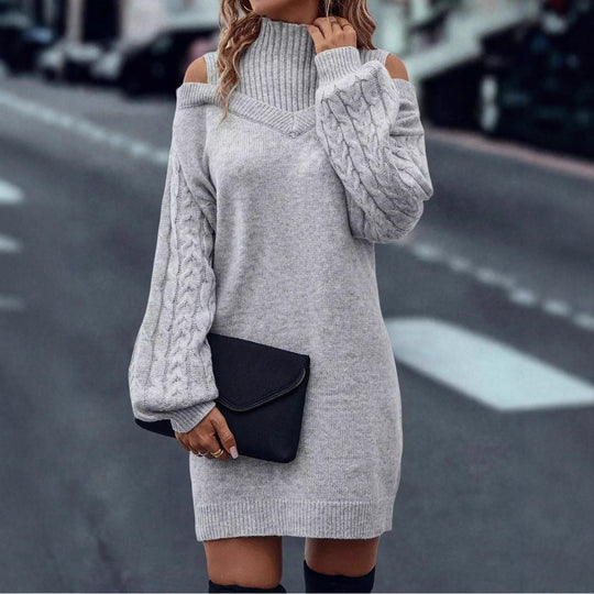 Damen Strickkleid mit geöffneten Schultern und strukturiertem Stehkragen R&B