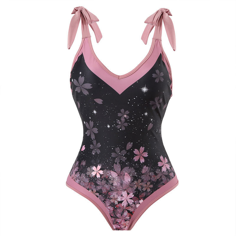Damen Einteiliger Badeanzug mit tiefem V-Ausschnitt und modischen Schleifen R&B