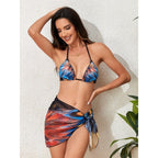 Damen Triangel-Bikini mit verspieltem Wickeldetail und buntem Tropenmotiv R&B