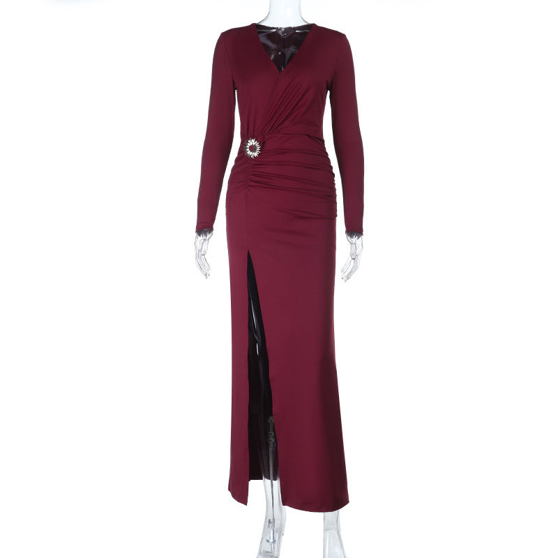 Damen elegantes langärmliges Abendkleid mit Raffung und hohem Schlitz R&B