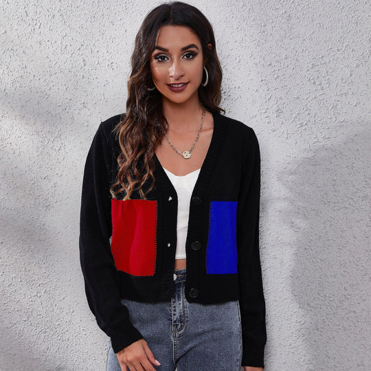 Damen Modische Strickjacke mit bunten Taschen und tiefem V-Ausschnitt R&B