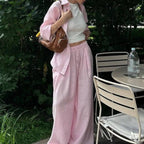 Damen nan luftiges Leinen-Loungeset mit Oversize-Hemd und weiter Bundhose mit Gummizug R&B