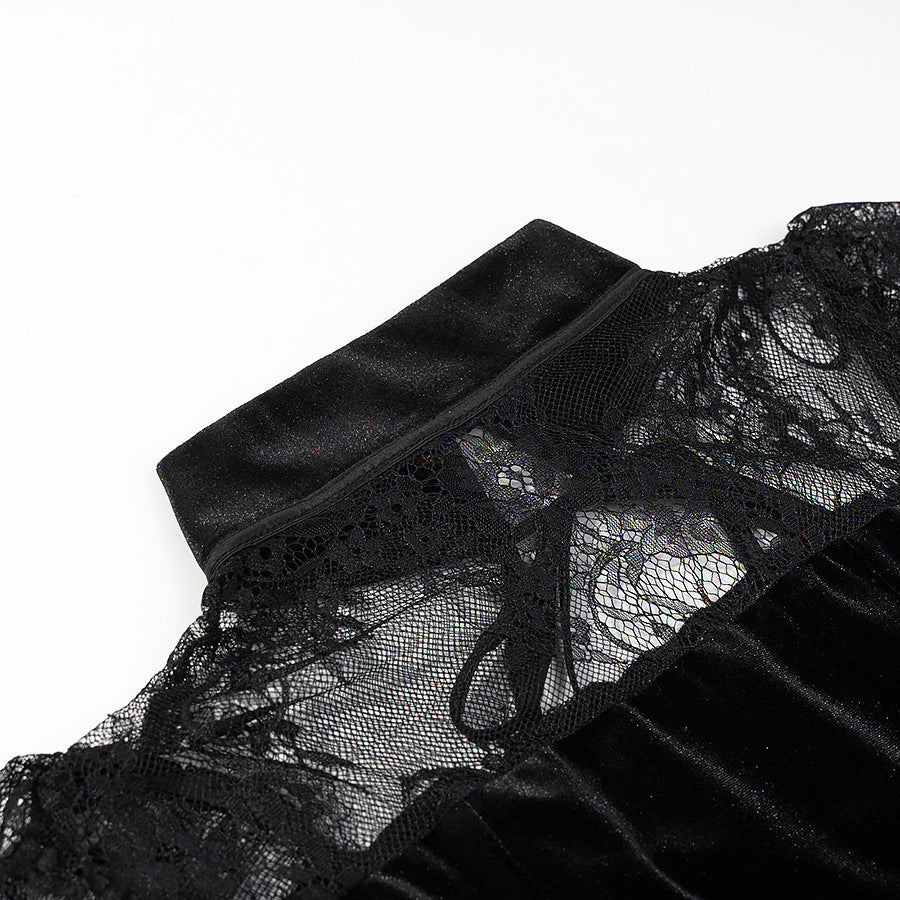 Damen Abendkleid mit transparenten Spitzenärmel und Rüschensaum R&B