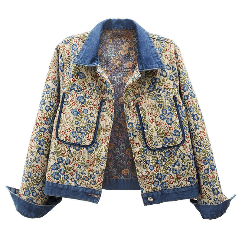 Damen Blumenmuster Denimjacke mit aufgesetzten Taschen und Kragen R&B