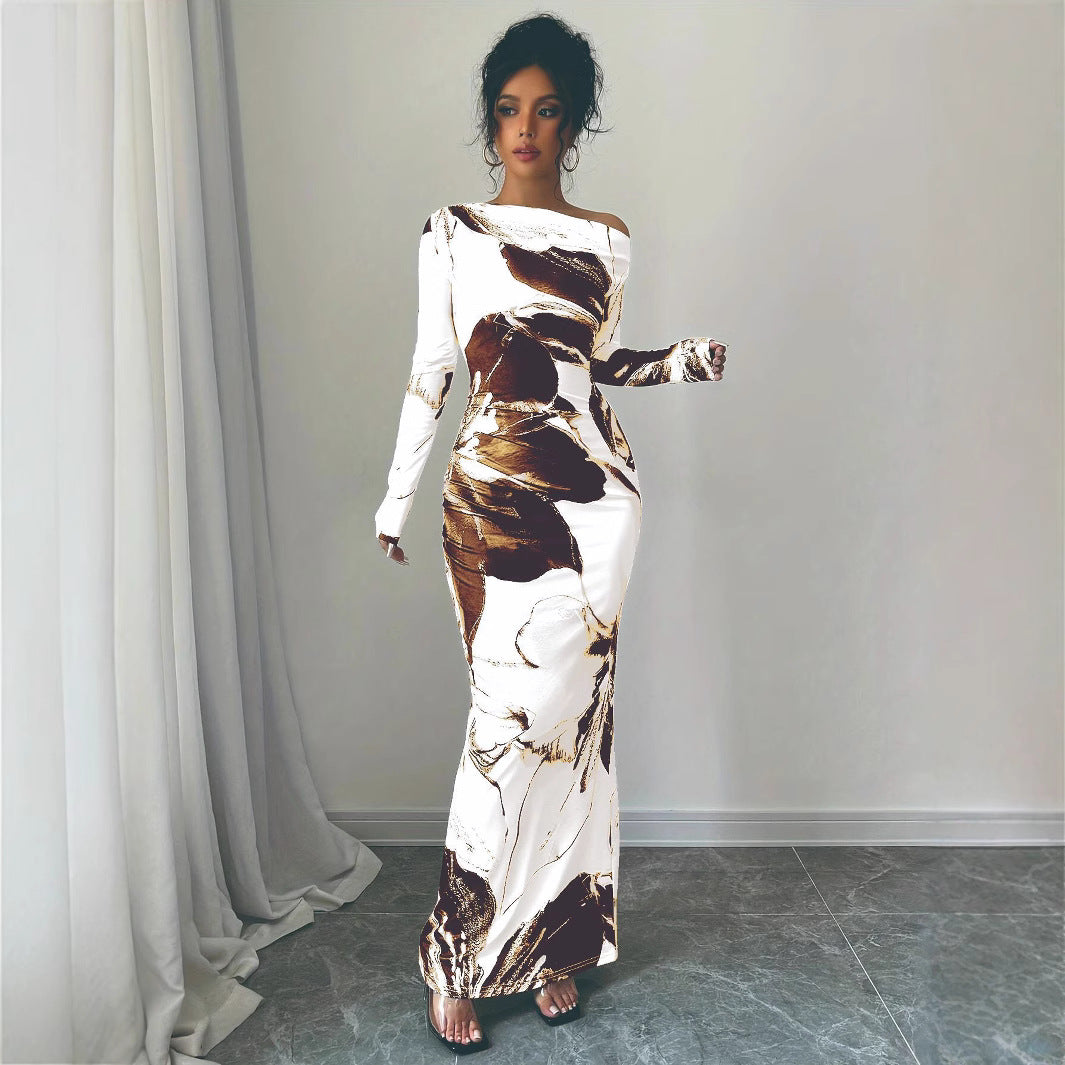 Damen Elegantes Maxikleid mit asymmetrischem Design und modernem Druck R&B