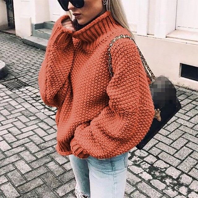 Damen Grobstrick Pullover mit Stehkragen und voluminösen Ärmeln R&B