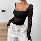 Damen Transparente Spitzenbluse mit langen Ärmeln und elegantem Ausschnitt R&B