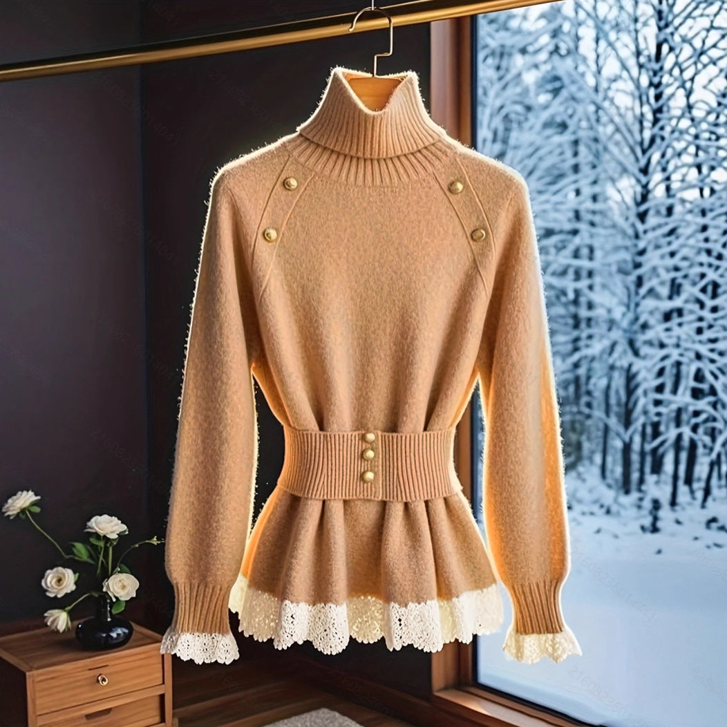 Damen eleganter Strickpullover mit hochgeschlossenem Kragen und dekorativen Knopfdetails R&B