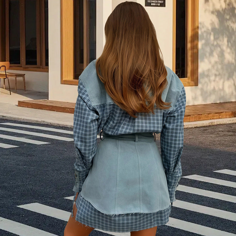 Damen Karo Hemdbluse mit Jeansrock und artisanalem Schnitt R&B