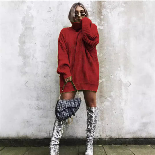 Damen Oversized Strickpullover im strukturierten Look mit hohem Kragen R&B
