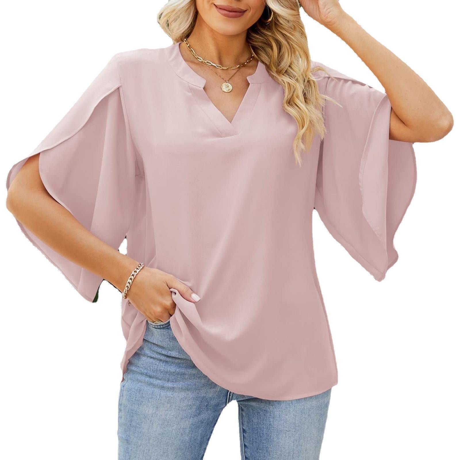Damen Blusenshirt mit weiten Ärmeln und V-Ausschnitt R&B