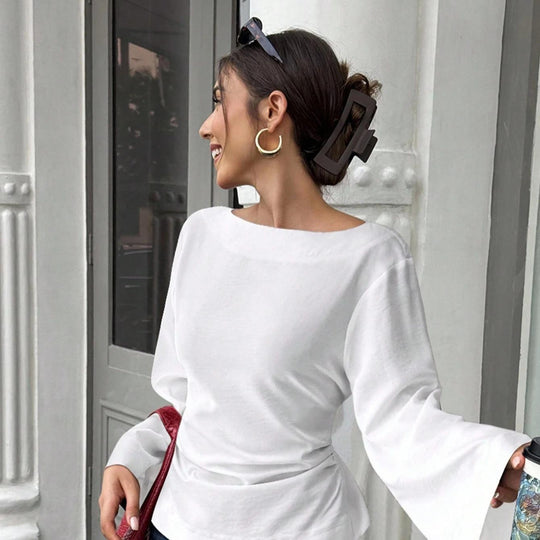Damen elegantes Oberteil mit weitem Ärmel und schickem Bund R&B
