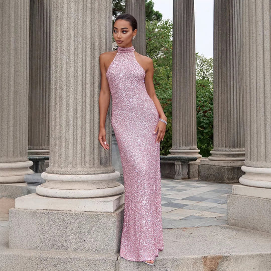 Damen Glitzerndes Abendkleid mit hohem Kragen und figurbetontem Schnitt R&B