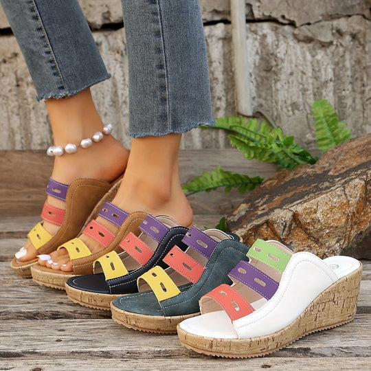 Damen Wedge-Pantoletten mit buntem Riemendesign und Korksohle R&B