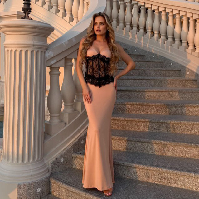 Damen Abendkleid mit elegantem Bustier und floralem Spitzenoberteil R&B